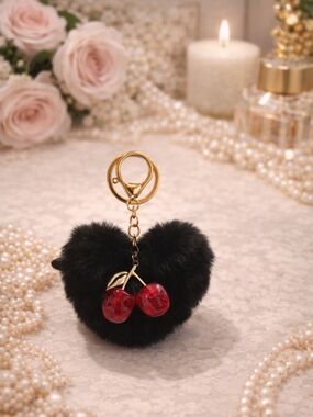 Black Fur Heart Charm Keychain with Red Cherry Accent
